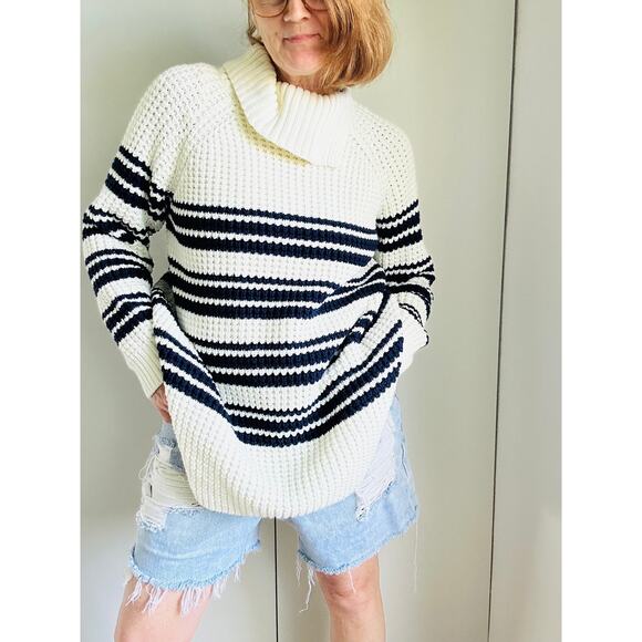 Nautical Striped Chunky Knit Sweater Size Large Cotton Lands' End Coastal Beachy - Picture 7 of 9